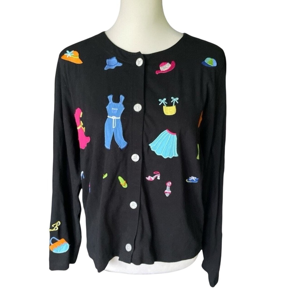 Emma Tricot 100% Cotton Black Button Front Cardigan W/ Embroidery, Large, Travel